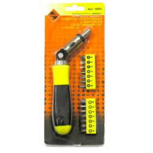 Отвертка реверсивная шарнирная со вставками Энкор 1/4" 15пред