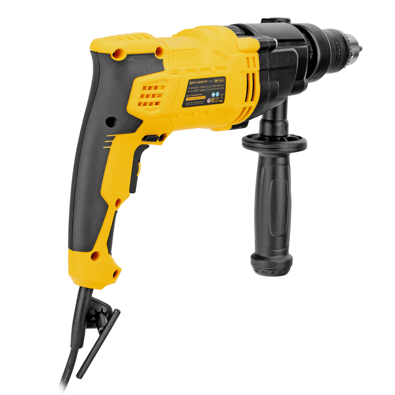 Дрель ударная IDD-1050-2, 1050Вт, 0-1200/0-3200 об/мин, 0-19200/0-51200 уд/мин, 2 скор. Denzel