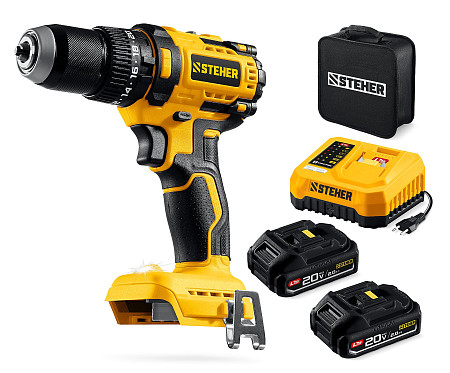 STEHER 20 В, 65 Н·м, 2 АКБ LMS (2 А·ч), бесщеточная ударная дрель-шуруповерт, сумка (CBS-65-22)