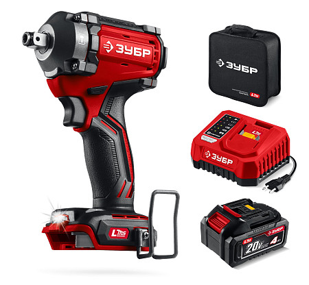 ЗУБР 20 В, 350 Н·м, 1 АКБ LMS (4 А·ч), бесщеточный ударный гайковерт, сумка (ГБУ-350-41)