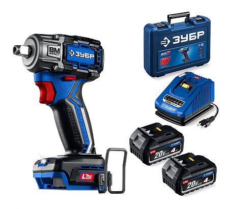 ЗУБР 20 В, 350 Н·м, 2 АКБ LMS (4 А·ч), бесщеточный ударный гайковерт, кейс, ПРОФЕССИОНАЛ (GB-350-42)